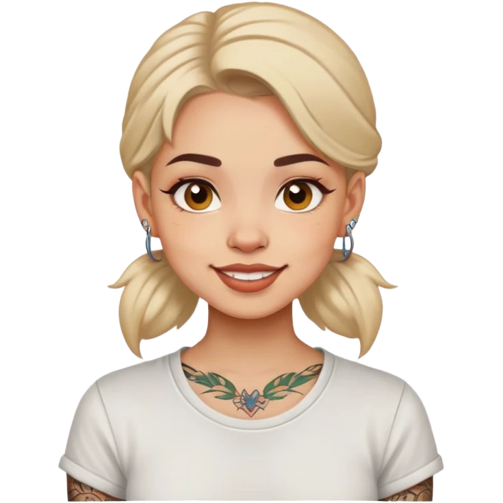 girl with small face tattoos, cheerful expression, wearing a shirt emoji