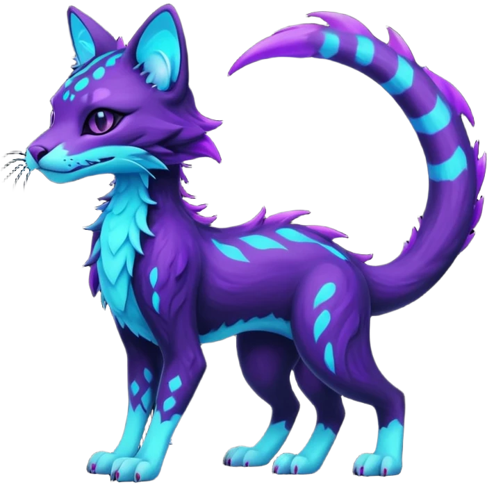 Kawaii dark edgy badass black and purple glowing neon bioluminescent fantasy feline-vernid-sergal-fursona animal creature with a tufted tail full body with intricate markings  emoji