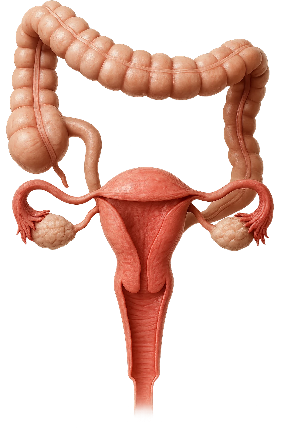 UTERO UMANO ANATOMICO COLLEGATO AD INTESTINO, iperrealistico 4k, SFONDO BIANCO emoji