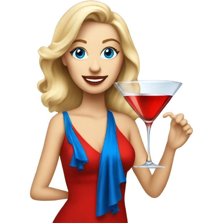 Beautiful blonde white woman with blue eyes and red dress dancing with martini emoji