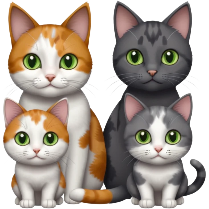 3 different coloured small cats including a dark grey and white, and a patchy calico with hazel eyes and a completely solid dark grey with green eyes and only white paws emoji