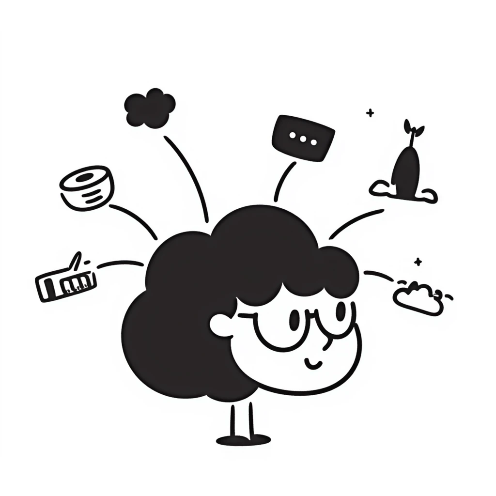 Hand-drawn Natural Language Processing concept with brain, text, and language tokens emoji