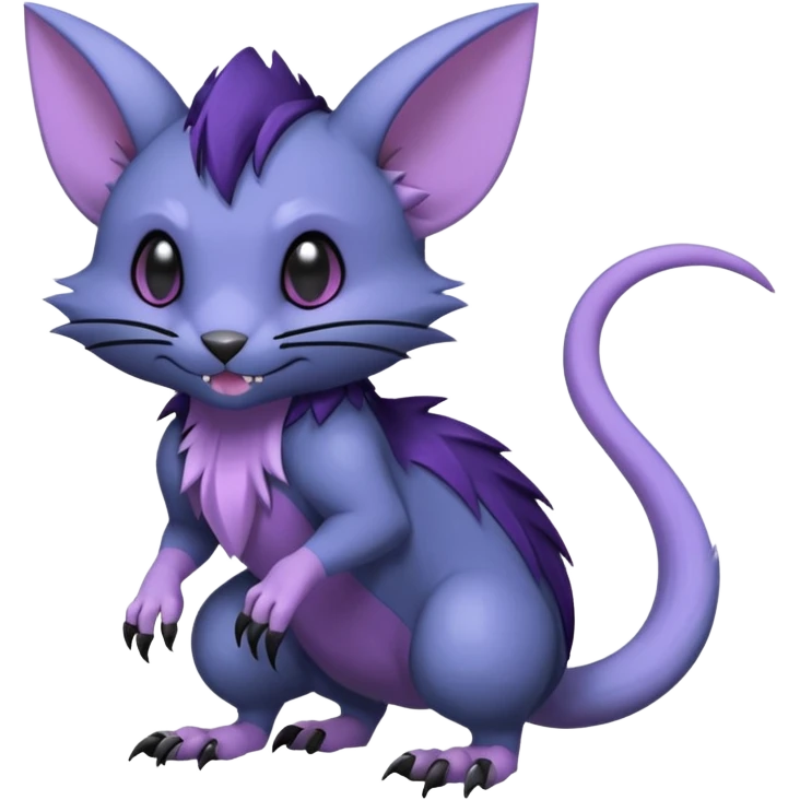 Gothic style, charcoal-black, steel-blue, lilac-violet, Rattata-Noibat-Purrloin-Fakemon-hybrid-creature (full body) emoji