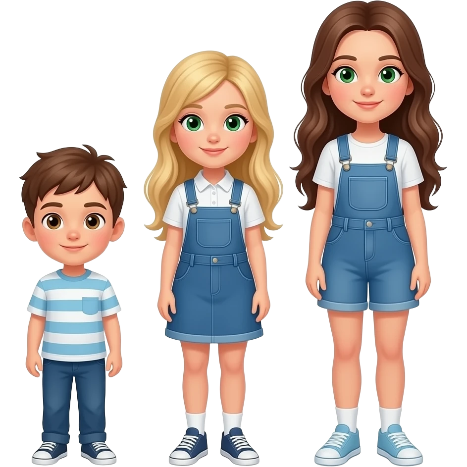 der bub ist am kleinsten. das mädchen ist mittelgroß und hat blonde haare. das andere mädchen ist die größte und hat grüne augen und sehr lange braune haare. emoji