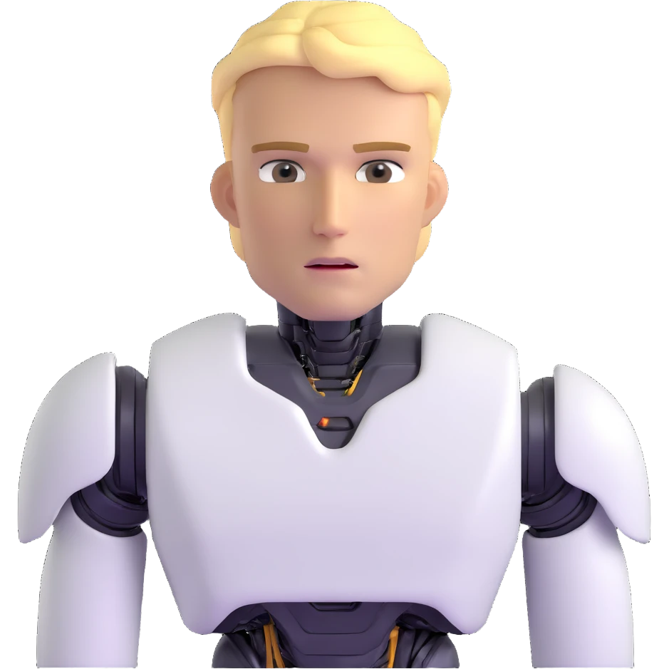 Minimalist male robot with blond hair, sharp jawline, intense eyes, white sweater, AI assistant emoji