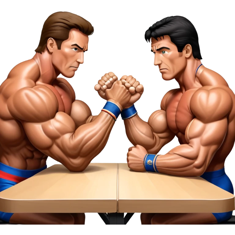 Arnold Schwarzenegger and Sylvester Stallone from 'Over the Top,' locked in an arm wrestling battle, using only their right hands. Their left hands rest on the table. Both display immense strength, with muscular arms flexing, under bright competition lights. Transparent background. emoji