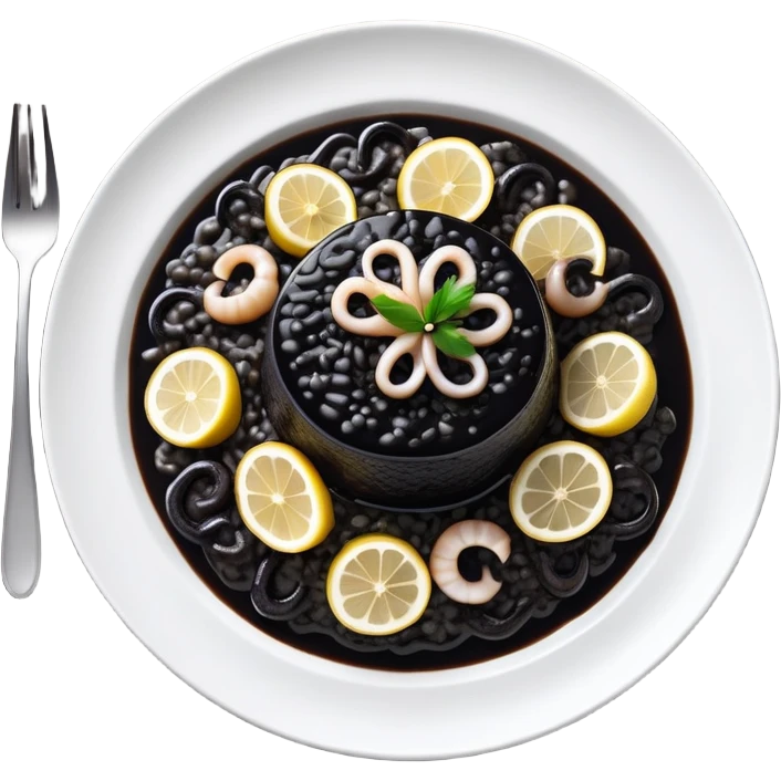 cinematic-realistic-black-risotto-dish-emoji,-showcasing-small squid pieces in black sauce -rendered-with-bold-textures-and-dynamic,-dramatic-lighting in a white plate with a grilled lemon on top emoji