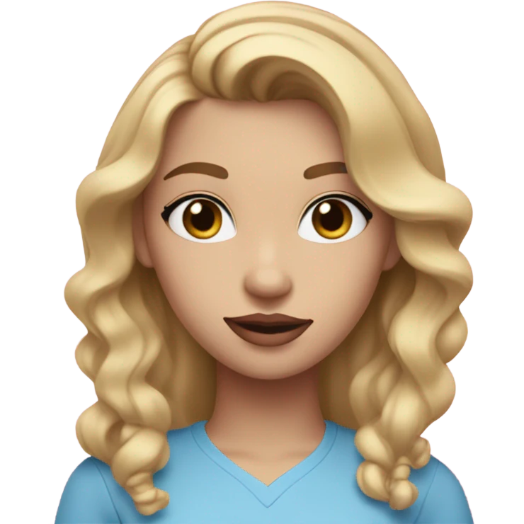 I 21 year old girl with warm blonde hair and blue eyes in a pink shirt. She has makeup on and pink lipstick on emoji