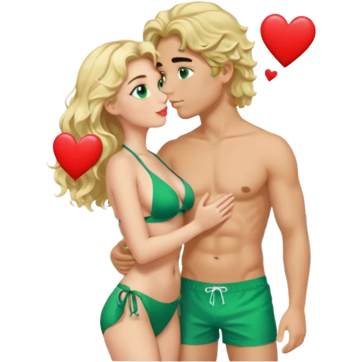 Blonde girl Green eyes wavy hair Green Bikini whole body Kissing man black Hair blue eyes Hearts in Body Background beach emoji