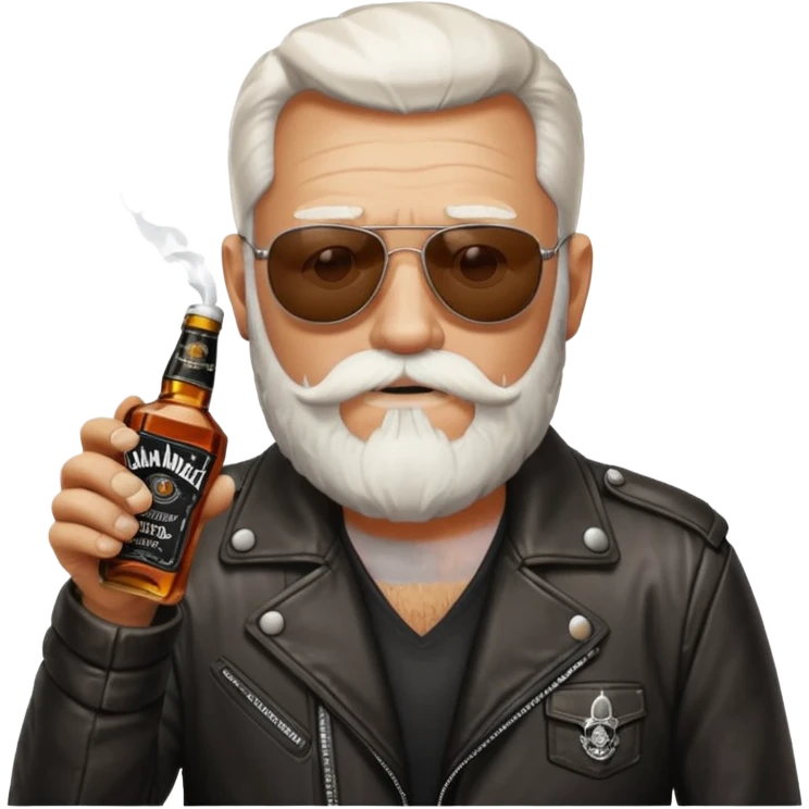 Un motero de barba blanca, gafas oscuras chupa de cuero y bebiendo de una botella de Jack Daniel's. emoji