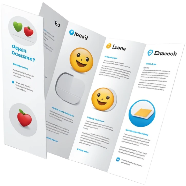 tri-fold brochure opened, with simple layout lines and image placeholders. emoji