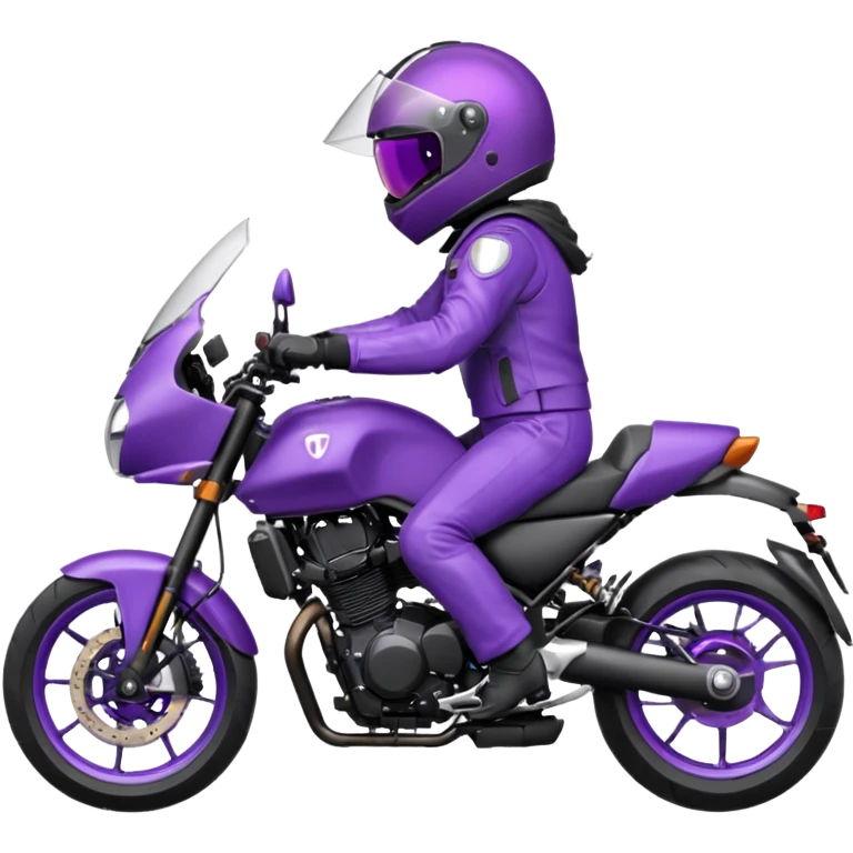 Créer un emoji avec une moto mt07 sport noir mate / violet iridescent très foncé. Avec une pilote dessus visière violet sombre faceless, bulle de la moto violet. Avec fond arrière violet, tenue complète casque inclus violet  emoji