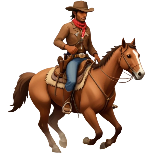 An icon representing an adventure game, inspired by Red Dead Redemption II. The design features a rugged cowboy riding a horse through a vast, open landscape with mountains, deserts, and wild animals. The atmosphere conveys exploration, action, and the thrill of the journey. Transparent background emoji