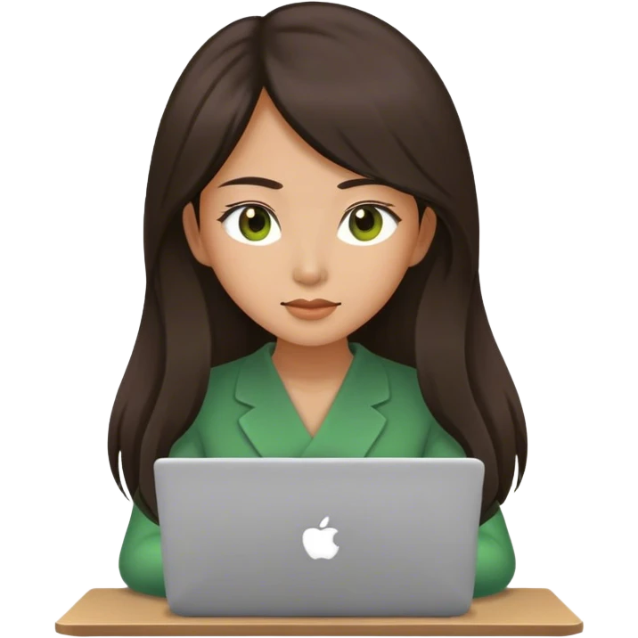 Long hair asian woman working on green laptop with brown eyes emoji