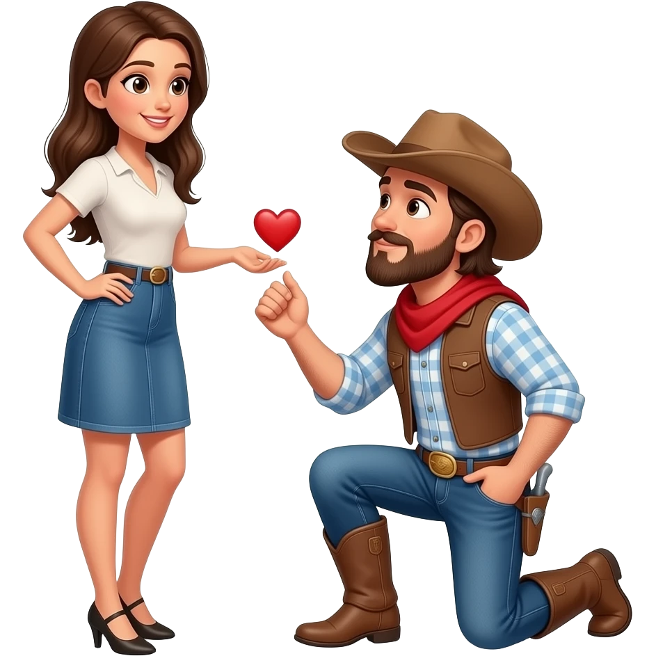 Long haired, brunette, brown eyes beard, cowboy, bending down in one knee looking up proposing to a long haired, brunette, brown eyed female emoji