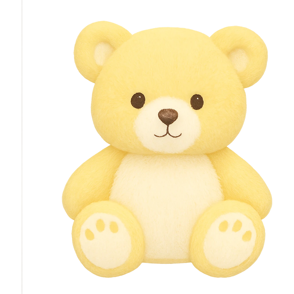 Change the teddy bear's fur to yellow and white, keep it soft and plush, no shadows, flat lighting, no background. The style should maintain the original look of the teddy bear. emoji
