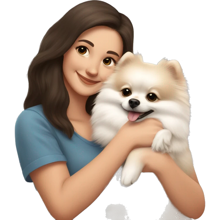 White and beige Pomeranian in the hands of a white young woman with dark brown hair smiling and cuddling the dog  emoji