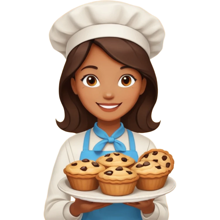 Baking community woman avatar in vibrant style illustration. Pie, cookie, and muffin warm golden tones, simple shapes, flat design, high contrast. emoji