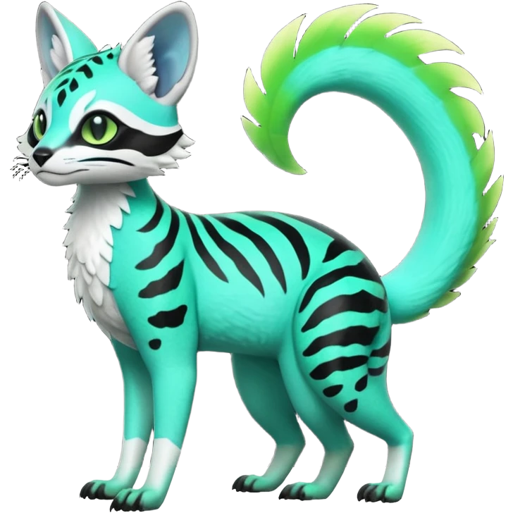 Rare realistic iridescent neon lime-green & cyan white black lush tropical exotic edgy epic pretty beautiful handsome gorgeous aesthetic colorful vibrant Vernid-Protogen-Primagen-Genet-Trico-species-Fakemon-hybrid-creature by LiLaiRa, beautiful intricate markings, full body emoji