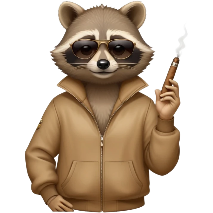 friendly anthropomorphised raccoon in a Sopranos-style mafia tracksuit, wearing dark sunglasses, holding a cigar, relaxed pose emoji