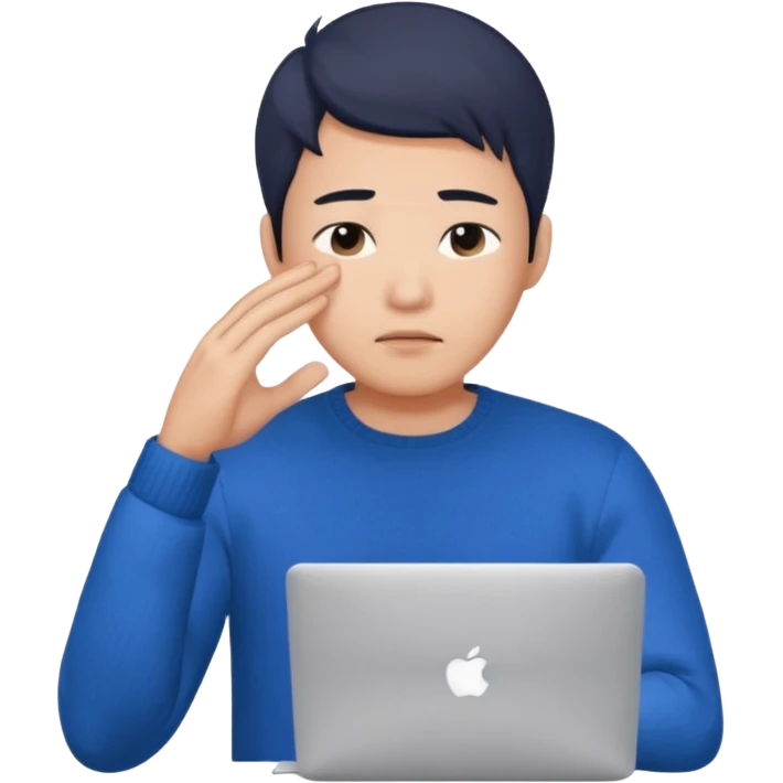 a asian handsome guy wearing a blue knit with white shirt, facepalming with only one hand, with a macbook, only upper body, high quality. more natural emoji