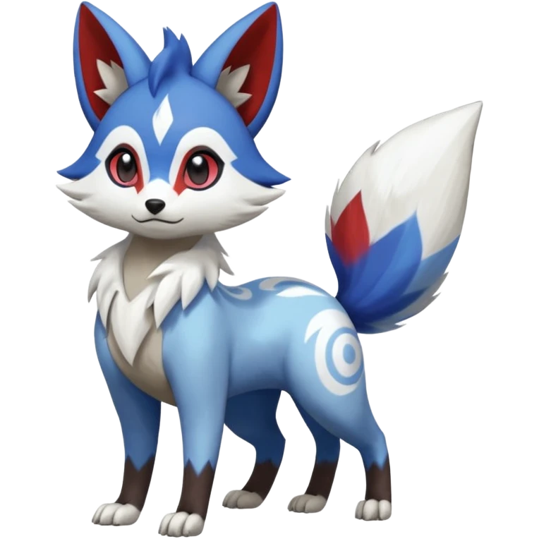 Blue, indigo, white, black Hyper-realistic Colorful Skilled Adept Graceful Asian Painted Meloetta-Furret-Lycanroc-Zangoose-fusion-hybrid-creature (full body) emoji