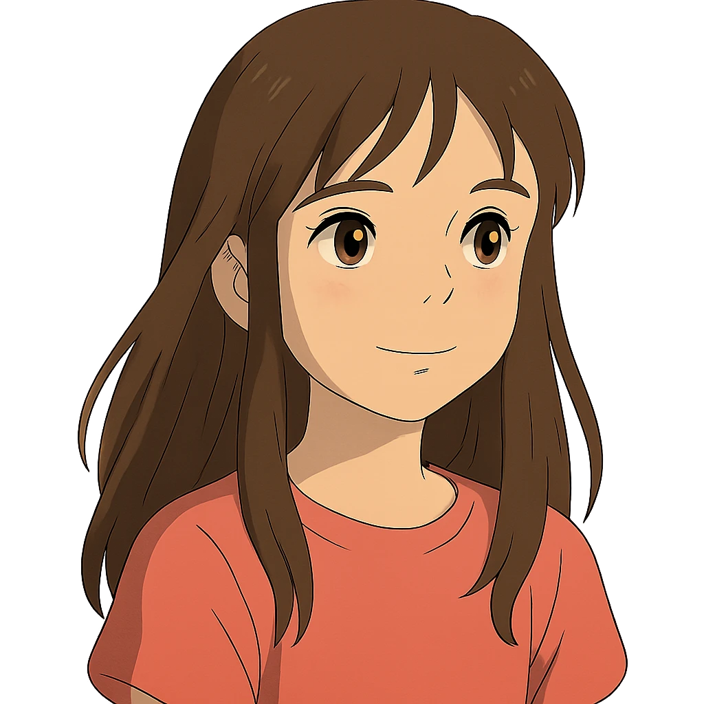 niña de 12 años con pelo largo castaño, ojos marrones claros, cejas marrones, pestañas negras, nariz mediana y labios medianos rosas en estilo ghibli emoji