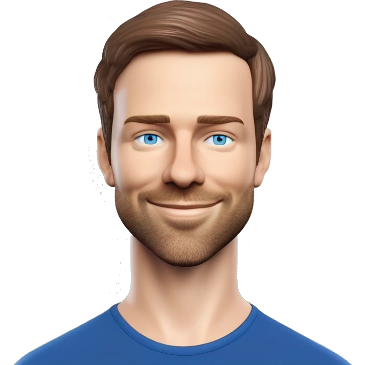 A head and shoulders shot of a 33 year old white man, with short brown hair, with stubble facial hair,   with blue eyes wearing a t-shirt. emoji