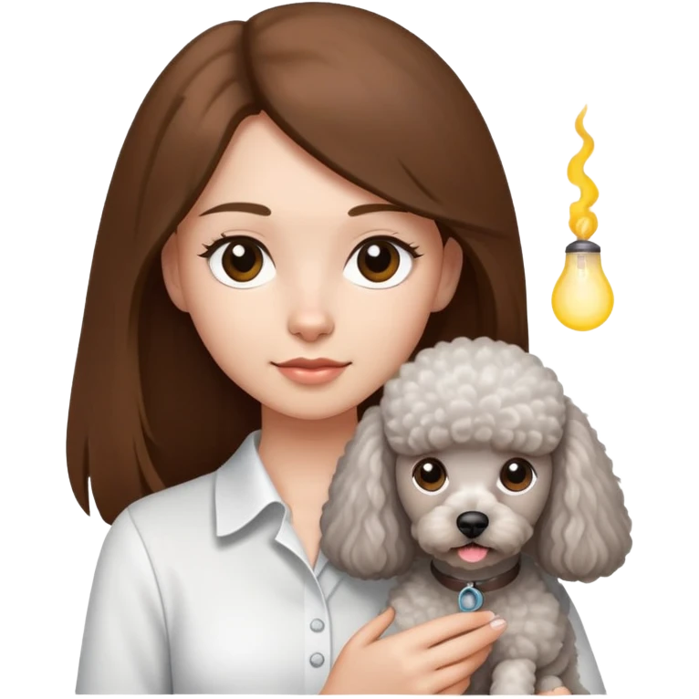 A girl with long straight hair and a white shirt is holding a small light gray poodle emoji