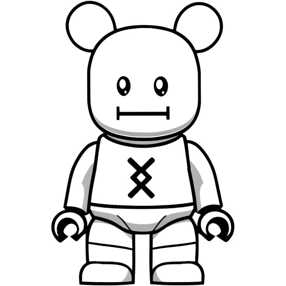 Lego style bearbrick with X crosses as eyes, enlarged ears, oversized boots, long thin limbs, exaggerated comic proportions, blocky Lego joints emoji