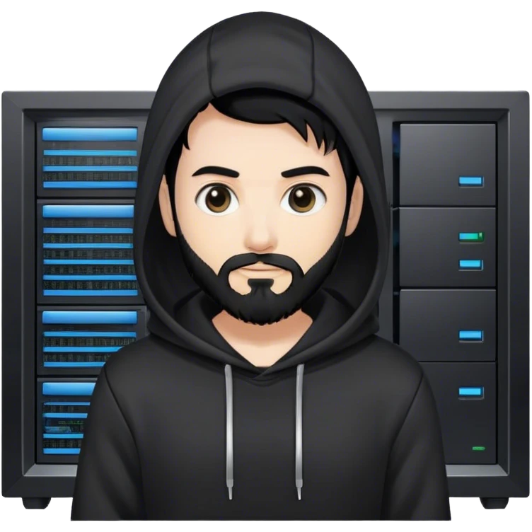 hackeur blanc cheveux noir barbe et capuche noir à côté d'un server ia emoji