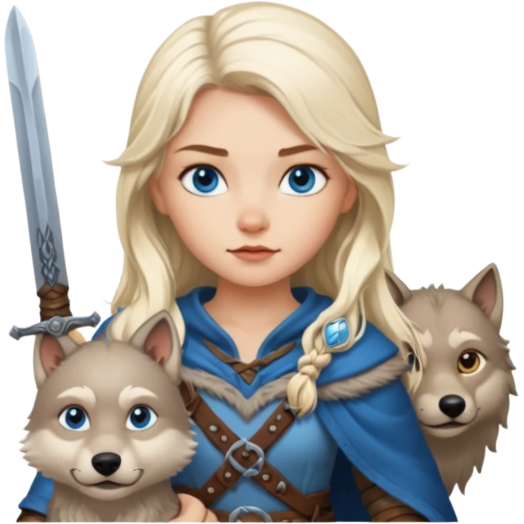 Viking platinum blonde girl with long hair and blue eyes. Wolf petViking platinum blonde girl with long hair and blue eyes. Wolf pet emoji