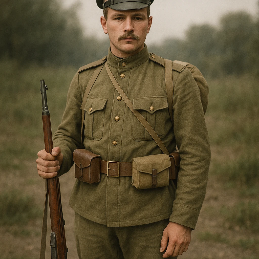 realistic style infantryman of the Russian Imperial Army, 1914 uniform, rifle, forage cap emoji
