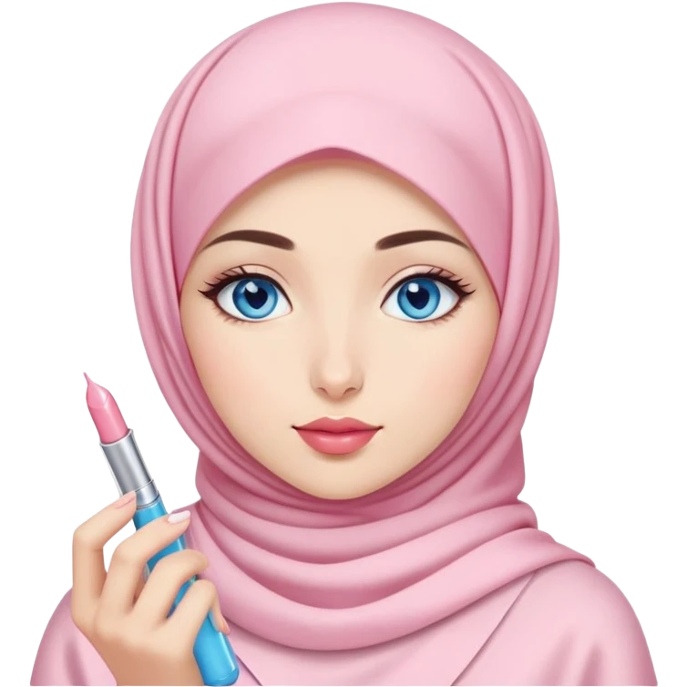 Turkish beautiful finish Konya girl blue eyes with light sakura and pink hijab islamic dress and had on her hand kiko lipgloss and she wearing the lipgloss emoji