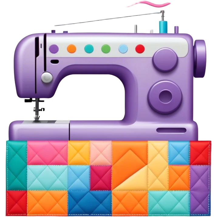 Patchwork and quilting icon, colorful fabric patches sewn together in a quilt pattern, sewing needle and thread, quilting tools like rotary cutter and quilting hoop, minimalistic style, clean lines, transparent background. emoji