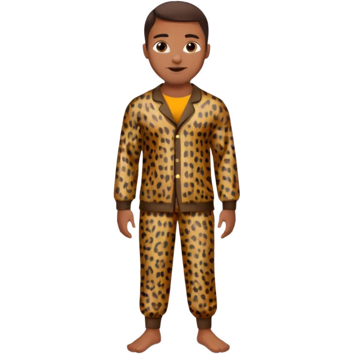 Handsome Black man with brown skin tone, with muscular build, wearing loose fitting long sleeve leopard print pajamas and white slippers  emoji