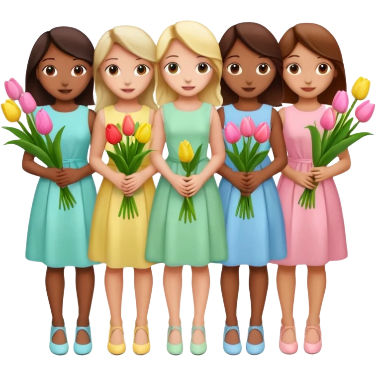 spring girly event - 5 girls wearing pastel dresses holding tulips emoji