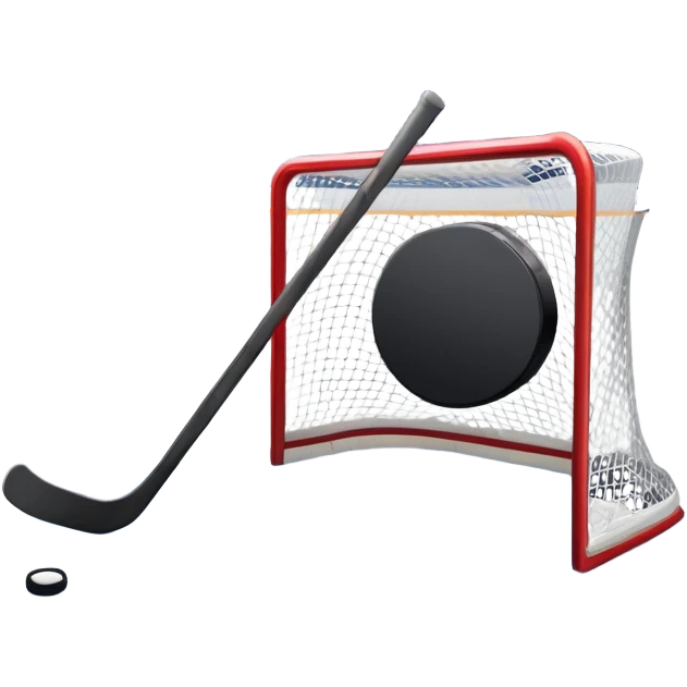 An icon showing a close-up of a hockey stick, puck, skates, and hockey net placed on the ice. The background features a packed stadium with bright lights, cheering fans, and snowy scenery outside. Transparent background highlights the key elements of the game. emoji