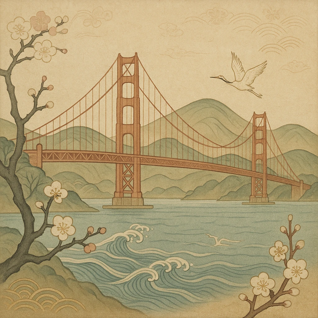 {
  "style_description": {
    "overall_look": "Traditional Japanese painting with a refined and serene aesthetic rooted in classical techniques",
    "material_simulation": {
      "primary_material": "natural pigments on washi or silk",
      "texture_detail": "subtle paper grain, matte finish, soft brushwork",
      "pattern": "occasional use of classical Japanese motifs such as plum blossoms, waves, or cranes"
    },
    "geometry": {
      "edge_style": "fluid and organic linework with gentle outlines",
      "dimensionality": "flat perspective with carefully balanced negative space"
    },
    "color_palette": {
      "scheme": "earthy and muted tones with occasional gold or mineral highlights",
      "preferred_colors": ["indigo", "sumi black", "reddish brown", "soft greens", "off-white"],
      "contrast": "low contrast, harmonious tones"
    },
    "lighting": {
      "type": "diffused, implied through tone rather than shading",
      "purpose": "maintain the contemplative and meditative quality of the piece"
    },
    "render_constraints": {
      "avoid": ["realistic lighting", "high saturation", "modern cartoon outlines", "digital gradients"],
      "focus_on": ["natural harmony", "elegance", "quiet emotional expression"]
    },
    "background": {
      "color": "neutral or light washi-inspired background",
      "style": "plain or softly patterned with traditional elements",
      "lighting_consistency": "flat and even, no cast shadows or dramatic highlights"
    }
  }
}

{subject} = san francisco emoji