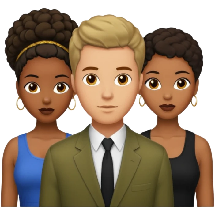 Olive skinnedAmerican man with short brown hairwith two black african women both are African one is light skin black and one is medium tone black with african hair styles emoji