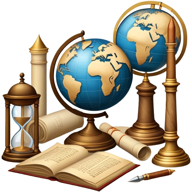 An icon featuring ancient scrolls, a quill pen, and large, old-fashioned sand clocks, symbolizing the study of history. The design includes a globe and a timeline with significant historical events, set against ruins to evoke past civilizations. Transparent background highlights the passage of time. emoji