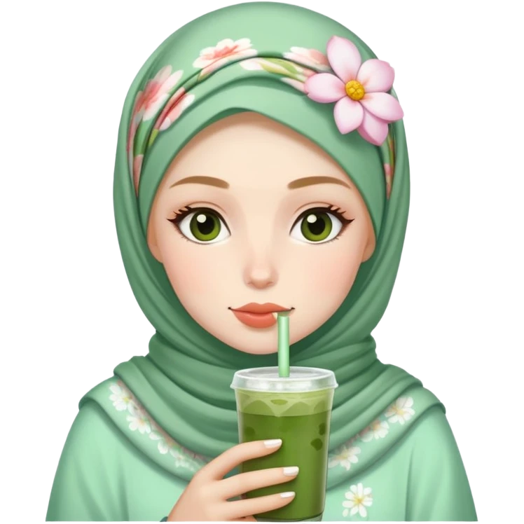 White girl wearing flower hijab drinking iced matcha emoji