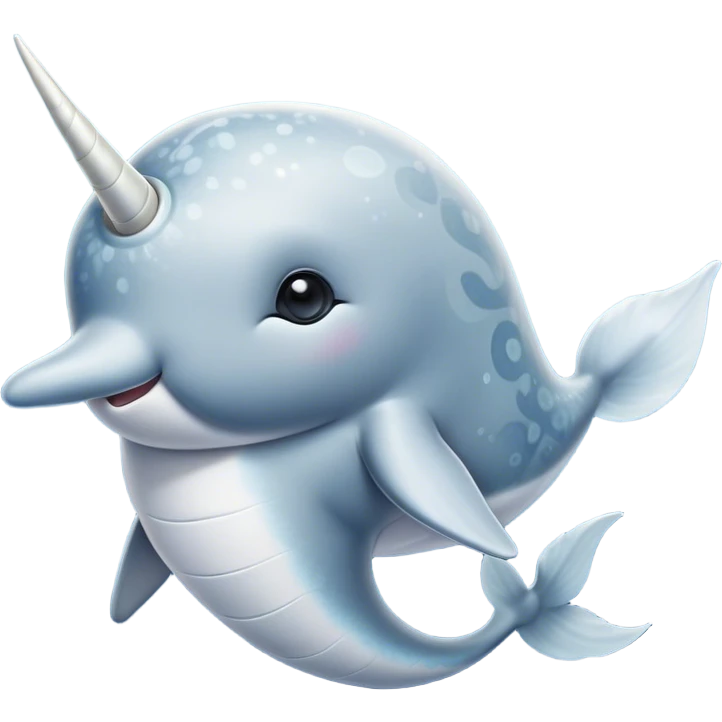 Cinematic Noble Cute Narwhal Portrait Emoji, Poised and graceful, with a streamlined, gently curved body clad in mottled, silvery-gray skin, accented by a long, spiraled ivory tusk and wide, expressive eyes radiating playful intelligence, Simplified yet sharp and sophisticated features, highly detailed, glowing with a cool, frosted ocean glow, high shine, intelligent and enigmatic, stylized with an air of whimsical marine majesty, focused and graceful, soft glowing outline, capturing the essence of a watchful and confident cute narwhal that appears ready to glide out of the screen with effortless charm! emoji