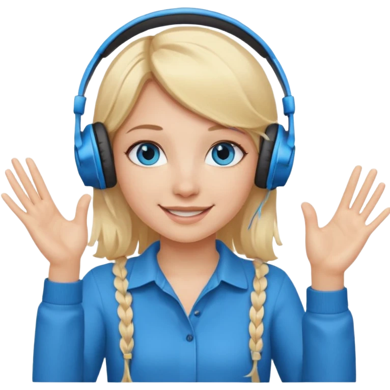 girl with blonde hair and blue eys with heands telling what, having heaphones on head emoji