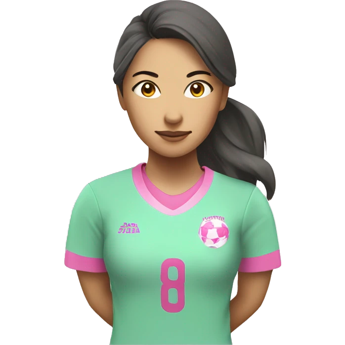 A female soccer player, dressed in pink and mint. Asian, emoji