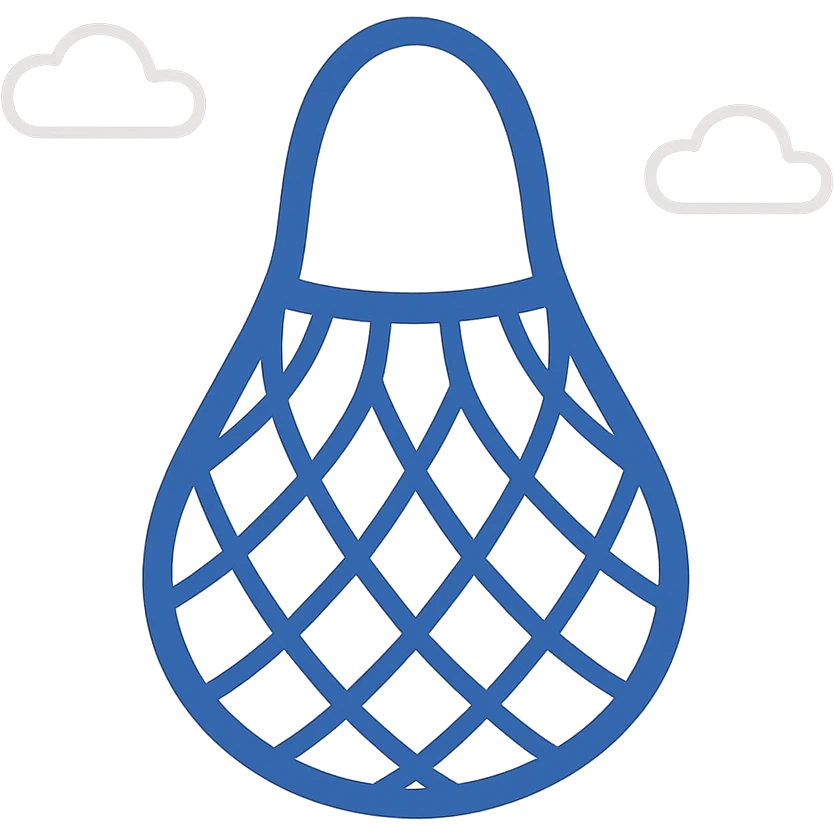 simple blue mesh tote bag emoji icon, flat design, minimal details, soft blue color, small handle, light summer net bag, clean and easy to recognize at small sizes emoji