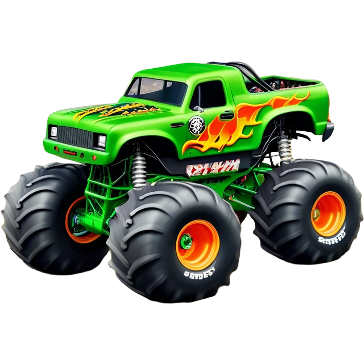 Grave Digger - Monster Jam (Model Year: 2022) (Iconic colour: Green with flames) - A legendary monster truck with a fearsome design: predominantly deep green with dynamic, vibrant flame graphics in bright orange and yellow. Highlight its rough, edgy bodywork and an aura of untamed rebellion. emoji