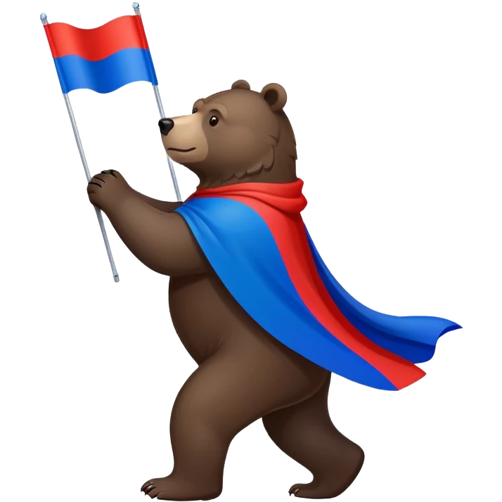 Dark brown bear walking on four paws with Russian tricolor flag (white, blue, red) flowing like a cape over its back and shoulders emoji