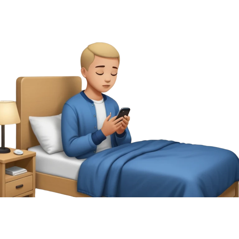 Young person in casual clothes praying beside bed at night, smartphone visible, bedroom with wall posters emoji
