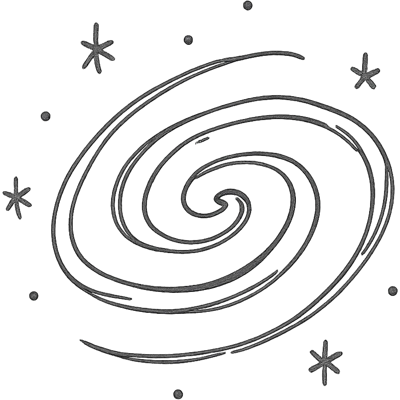 hand-drawn icon of a galaxy with sketchy lines forming a spiral galaxy, playful and artistic, black and white, no text emoji